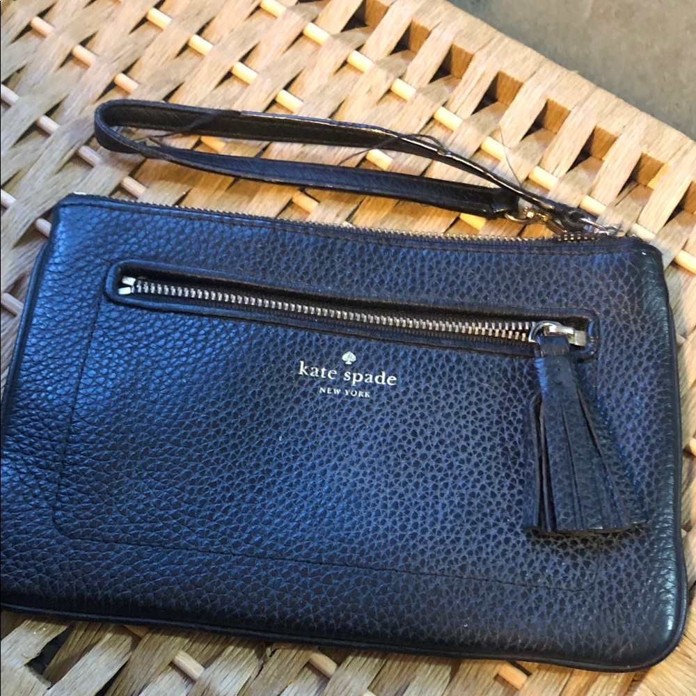 kate spade Black Pebbled Leather Wristlet with Tassel